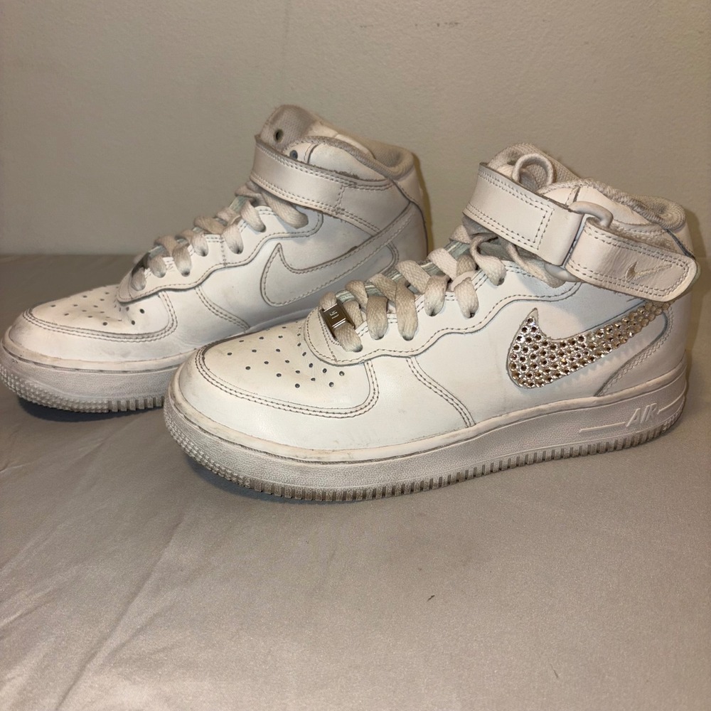 Nike Air Force 1 Mid Kids White Sneakers Rhinestone Fashion Shoes Size 4.5